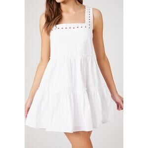 Forever 21 Poplin Tiered Babydoll Dress Sleeveless Lace Up Mini White Womens XL